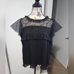 ZARA Black Lace Sheer Blouse Pleated Chiffon Top Size L